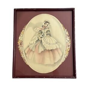 Vintage Victorian Woman Dress Bernard Signed Airbrush Litho Framed Art Antique